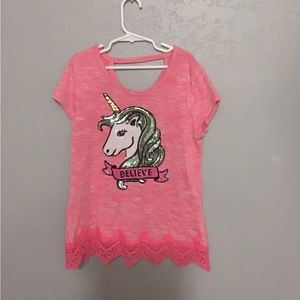 Total Girl Pink Unicorn Sequins Sweater Size L (14) Girl Short Sleeve